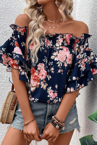 Blue Ruffle Off The Shoulder Flounce Sleeve Blouse