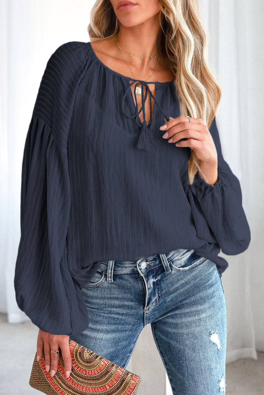 Navy Blue Blouse with Bow