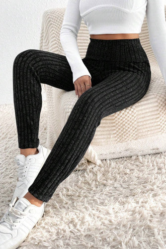 Black Wide Ribbed Textured Knit Leggings