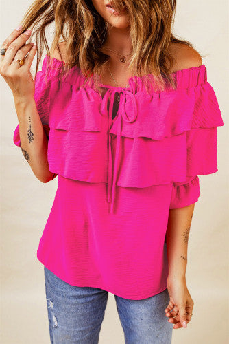 Pink Lace up Off Shoulder Ruffle Tiered Blouse