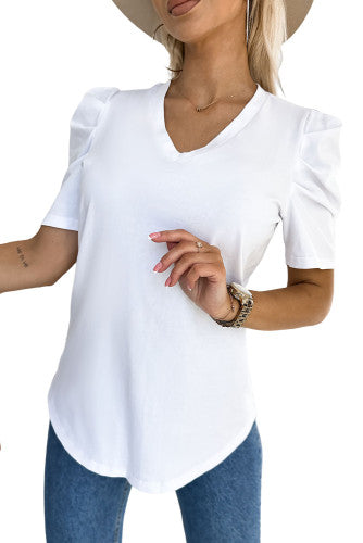 White Puff Sleeve V Neck Top