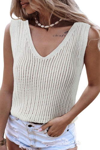 White Hollowed Out Knit Tank