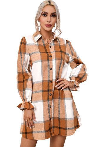 Khaki Plaid Pattern Collard Neck Ruffled Sleeved Shirt