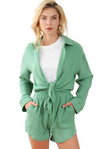 Green Crinkle Long Sleeve Top