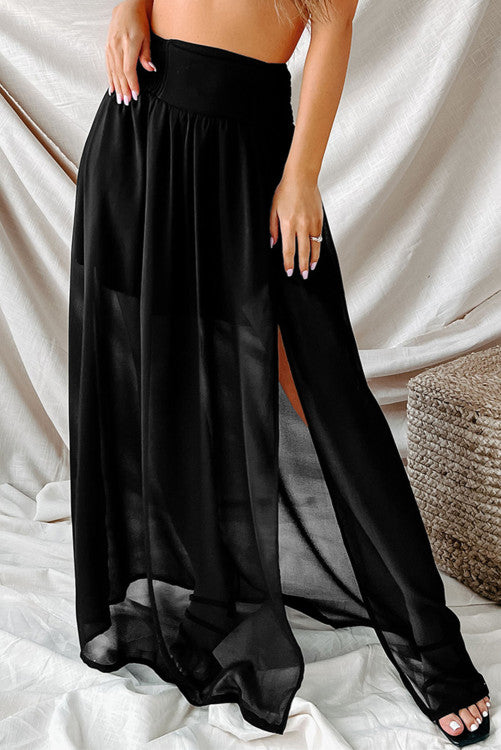 Black High Waisted Chiffon Beach Skirt with High Slit