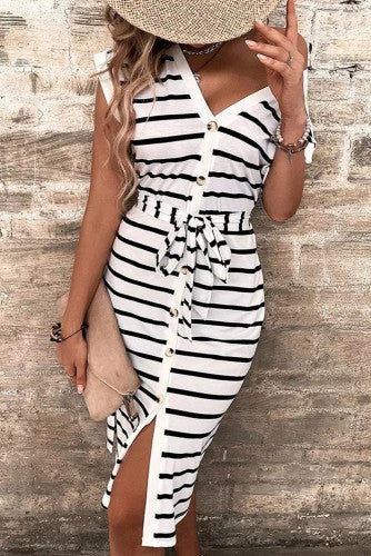 Striped Button Slit Tie V Neck Midi Dress