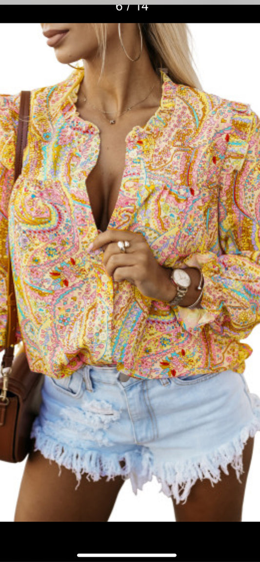 Yellow Paisley Print Ruffle Trim Blouse