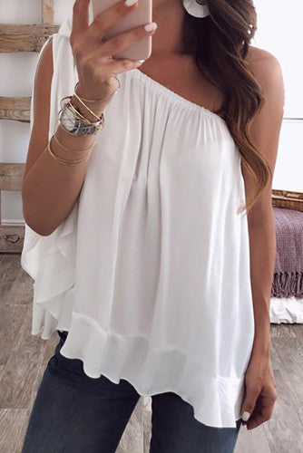 White One Shoulder Sleeveless Chiffon Top