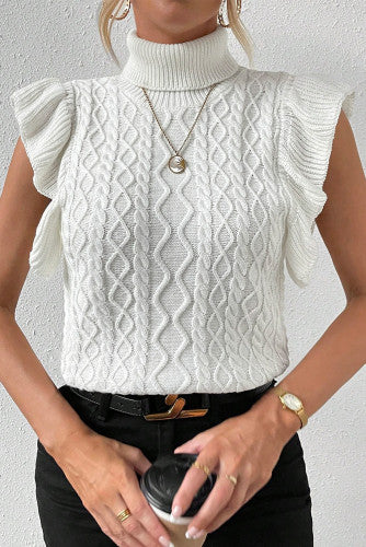 White Turtle Neck Short Sleeve Cable Knit Sweater