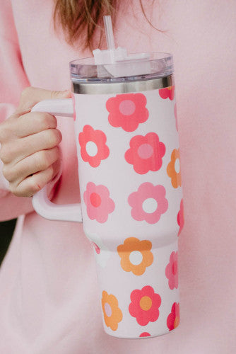 Flower Print Handled Stainless Steel Vacuum Cup