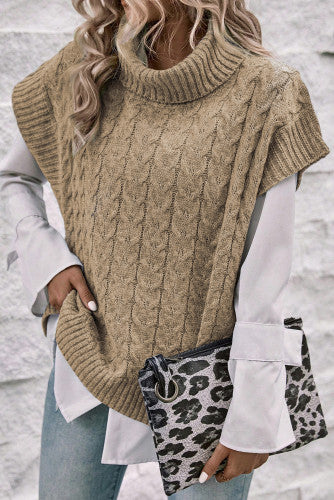 Beige Cable Knit Turtleneck Batwing Sleeve Sweater